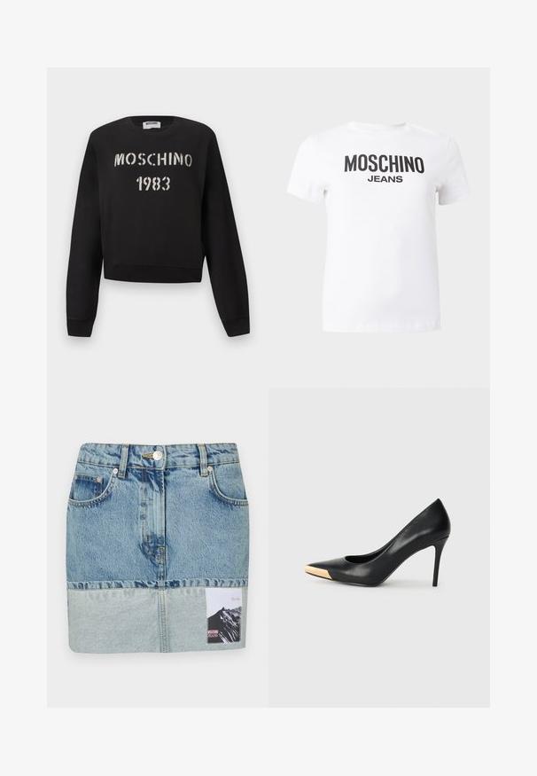 Must Moschino dressipluus soonikute ja äärega, esiküljel valge šabloonstiilis "MOSCHINO 1983" tekst.; Valge lühikeste varrukatega t-särk, mille rinnale on trükitud musta värviga "MOSCHINO JEANS" tekst, nähtav lihtsal taustal.; Denim mini seelik, millel on gradient sinine värviskeem, viie tasku disain, hõbedane tarvik ja trükitud silt mäe graafikuga.; Mustmust suured mõõgapead; pöidla kurgus on metallist kullatooni aktsent. Sile pind ja peen disain.