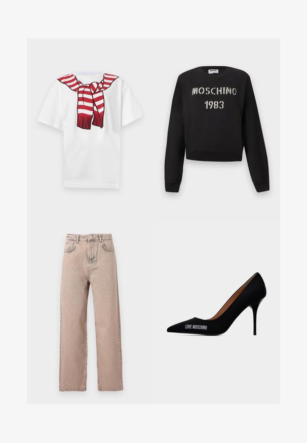 Μαύρο φούτερ Moschino με ριμπ μανσέτες και τελείωμα, με άσπρο κείμενο "MOSCHINO 1983" σε στυλ στένσιλ στο μπροστινό μέρος.; Άσπρο κοντομάνικο μπλουζάκι με εκτυπωμένο κόκκινο και άσπρο ριγέ κασκόλ δεμένο γύρω από το λαιμό στο μπροστινό μέρος.; Μπεζ τζιν με ίσια μπατζάκια και ψηλή μέση, με κουμπί μπροστά, θηλιές για ζώνη και κλασικό σχεδιασμό πέντε τσεπών σε απλό φόντο.; Μαύρο μυτερό στιλέτο τακούνι με κείμενο "LOVE MOSCHINO" στην εξωτερική πλευρά και ομαλή σχεδίαση για εύκολο φόρεμα.