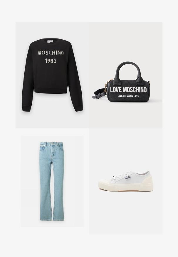 Čierna mikina Moschino s rebrovanými manžetami a lemom, s bielym nápisom „MOSCHINO 1983“ v šablónovom štýle na prednej strane.; Svetlomodré rovné džínsové nohavice s predným gombíkom, zipsom, pútkami na opasok a štyrmi vreckami na bielom pozadí.; Love Moschino Tenisky - bianco; Malá čierna kabelka Love Moschino s dvoma rúčkami, bielym textom "Love Moschino Made with love," a nastaviteľným ramenným popruhom.