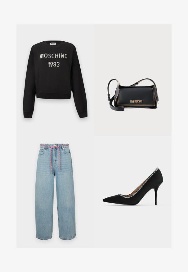 Μαύρο φούτερ Moschino με ριμπ μανσέτες και τελείωμα, με άσπρο κείμενο "MOSCHINO 1983" σε στυλ στένσιλ στο μπροστινό μέρος.; Ανοιχτό μπλε τζιν παντελόνι σε φαρδιά γραμμή με ψηλή μέση, διαθέτει ροζ υφασμάτινο κορδόνι και πέντε τσέπες. Αυθεντική ξεθωριασμένη υφή.; Μαύρο μυτερό ψηλοτάκουνο παπούτσι με τακούνι στιλέτο και διακόσμηση κειμένου "LOVE MOSCHINO" κατά μήκος της άκρης του ανοίγματος, πλευρική όψη σε λευκό φόντο.; Μαύρη ορθογώνια τσάντα Love Moschino με χρυστό ράψιμο και ρυθμιζόμενο ιμάντα ώμου σε απλό φόντο.