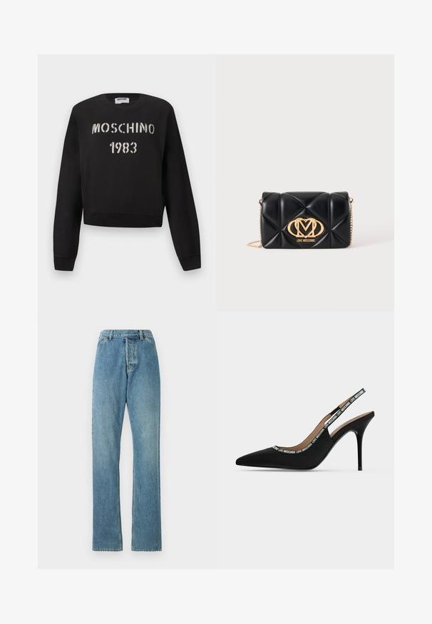 Čierna mikina Moschino s rebrovanými manžetami a lemom, s bielym nápisom „MOSCHINO 1983“ v šablónovom štýle na prednej strane.; Svetlomodré denimové džínsy s rovnými nohavicami, päť vrecami a viditeľným pásom. Štruktúra je mierne opotrebovaná, ale intaktná.; Čierna lodička s otvorenou pätou na vysokom tenkom ihličkovom opätku so špicatou špičkou a textom "LOVE MOSCHINO" na remienku a okraji.; Čierna prešívaná kožená kabelka so zlatým retiazkou a zlatým logom Love Moschino na prednej strane v strede.