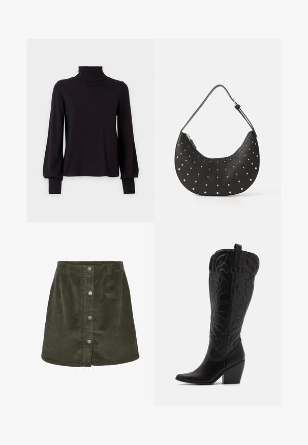 VILA VIAMANDA TURTLE NECK - Jersey de punto - black; Falda mini de pana en verde oscuro con forma de línea A, que cuenta con cinco cierres de botones plateados en la parte delantera y textura acanalada vertical.; Botas negras de cuero hasta la rodilla con punta puntiaguda y tacón apilado. Presentan costuras decorativas y elementos de diseño curvados.; Bolso de mano de cuero negro con forma curva, adornado con tachuelas plateadas, cuenta con cierre de cremallera y una sola correa ajustable.