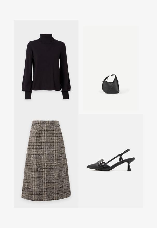 VILA VIAMANDA TURTLE NECK - Svetrík - black; Sukňa v úzkom strihu vyrobená z vlnenej zmesi, s hnedo-šedým károvaným vzorom, so štruktúrovaným dizajnom a čistým zakončením dolného okraja.; Simmi London DALA - Klasické lodičky na opätku - black; Čierna kožená kabelka cez rameno s zaobleným trojuholníkovým tvarom a nastaviteľným remienkom na svetlom jednoduchom pozadí.