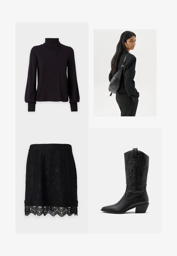 VILA VIAMANDA TURTLE NECK - Πουλόβερ - black; Μαύρη μίνι φούστα από δαντέλα με περίπλοκα λουλουδάτα σχέδια, κρόσσια στο τελείωμα και υφή που προσθέτει λεπτομέρεια. Περιέχει ελαστική μέση.; Μαύρο δερμάτινο καουμπόικο μποτάκι με μυτερή μύτη, ανάγλυφα σπειροειδή σχέδια και μεσαίου ύψους τακούνι. Έχει χερούλι για εύκολη φόρμα.; Γυναίκα με μακριά μαύρα μαλλιά, ντυμένη με μαύρο κοστούμι, κρατώντας μια μαύρη δερμάτινη τσάντα ώμου, κοιτάζοντας πίσω στον φακό, σε λευκό φόντο.