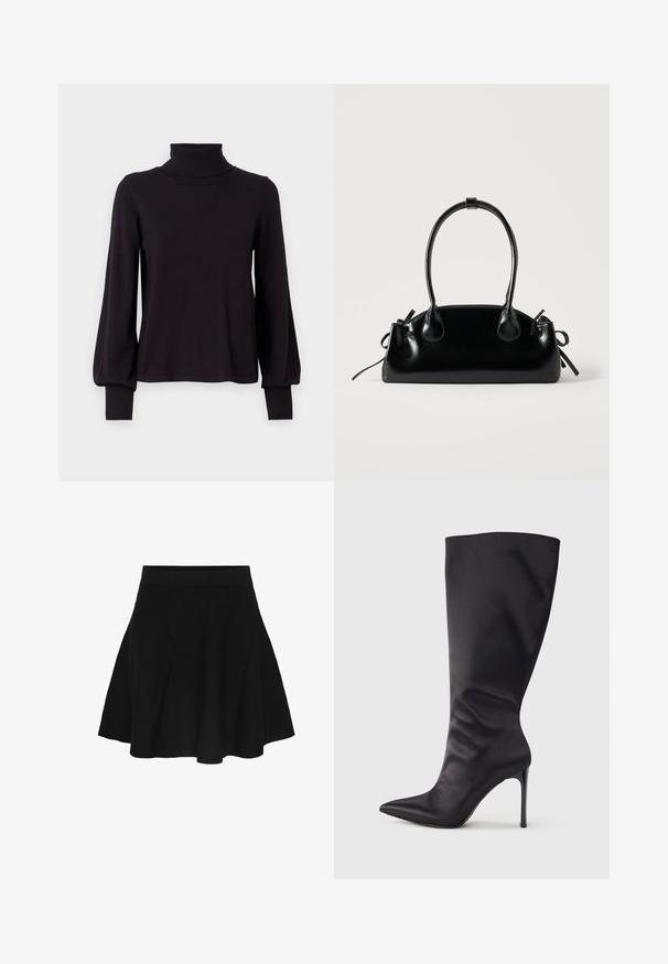 VILA VIAMANDA TURTLE NECK - Striktrøje - black; Sort A-line nederdel med tilpasset linning, der bredder sig blidt mod kanten, vist på en ens hvid baggrund.; Sort knæhøj stiletstøvle lavet af glat, glansfuldt materiale; spids tå; tætsiddende pasform med let samling nær anklen; skinnende hæl.; Lille sort blank håndtaske med to lange håndtag og snøre-detaljer i siden på en ensfarvet lys baggrund.