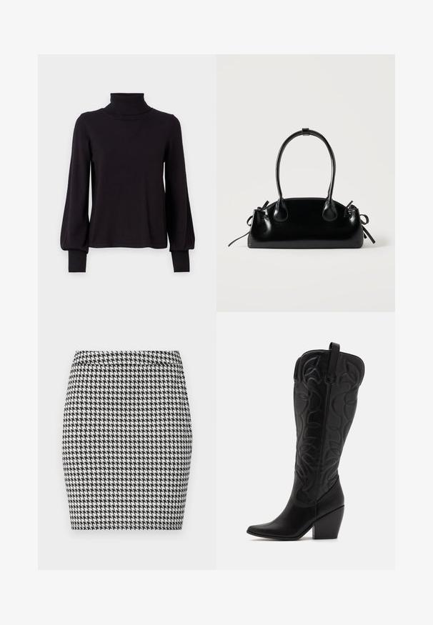 VILA VIAMANDA TURTLE NECK - Svetrík - black; Čiernobiela sukňa s houndstooth vzorom, so priliehavým strihom, hladkou textúrou a pevným pásom. Žiadne viditeľné kovania ani akcenty.; Čierne kožené čižmy po kolená so špicatou špičkou a vrstveným podpätkom. Majú dekoratívne prešívanie a zakrivené dizajnové prvky.; Malá čierna lesklá kabelka s dvoma dlhými rúčkami a bočnými šnúrkovými detailmi na jednoduchom svetlom pozadí.