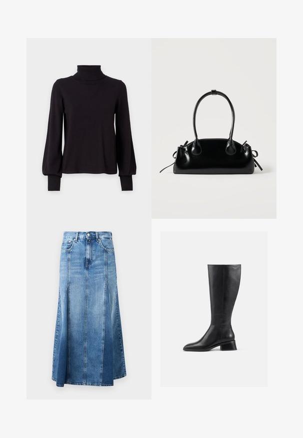 VILA VIAMANDA TURTLE NECK - Striktrøje - black; Denim nederdel med en lys til mørk blå gradient, knælængde, med lige snit, frontslids og klassisk knap- og lynlås-lukning.; Støvle i sort læder, der går til knæene, med rund tå og lav blokhæl. Har en glat tekstur og minimal syning.; Lille sort blank håndtaske med to lange håndtag og snøre-detaljer i siden på en ensfarvet lys baggrund.