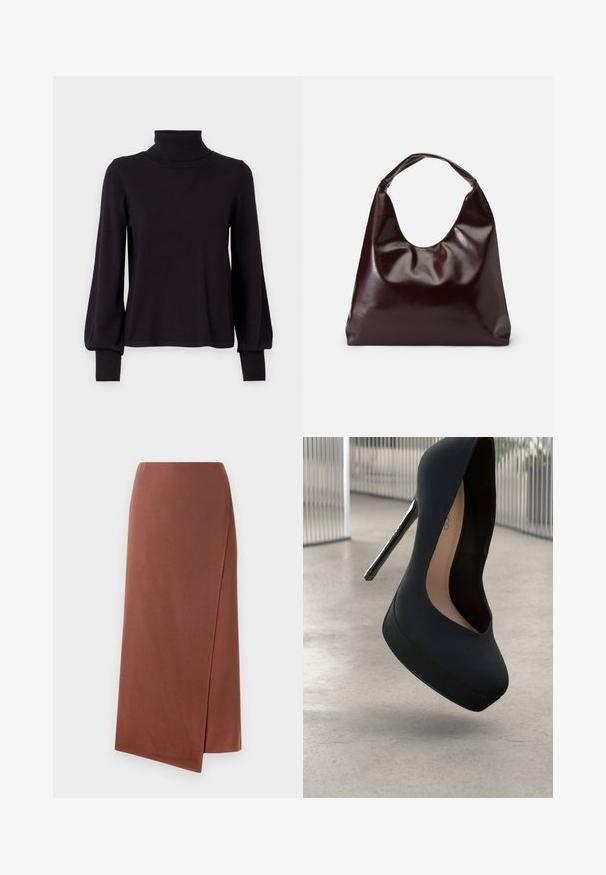 VILA VIAMANDA TURTLE NECK - Džemper - black; Pruun, pikk ümbermähkekleit siledast kangast, millel on sirge siluett. Omab külgslitti liikumisvabaduse tagamiseks. Lihtne disain ilma mustriteta.; Must mustade kontsad, millel on sile tekstuur, terav nina ja platvormpõhi. Omab läikivat stilettokannat ja lõikega disaini.; Burgundia, läikiv vegan nahast kott pehme, skulpturaalse kuju ja laia, kõverda käepidemega mugavaks kandmiseks.