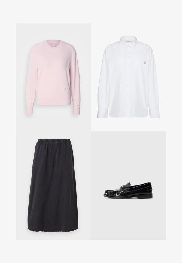 Lyserød sweater lavet af blødt strikstof. Har en rund hals og lange ærmer, med et lille grønt logo nederst til venstre.; Hvid skjorte med lange ærmer og knapper, spidse krave og lille Calvin Klein-logo på venstre brystlomme.; Sort bomuldsskjørt med elastisk talje, knælangt, med en frynset kant og en simpel, lige silhouet.; Sorte læder loafers med rund tå, dekorativ sying og en lille gul accent på vampen. Flad gummisål, slankt design.