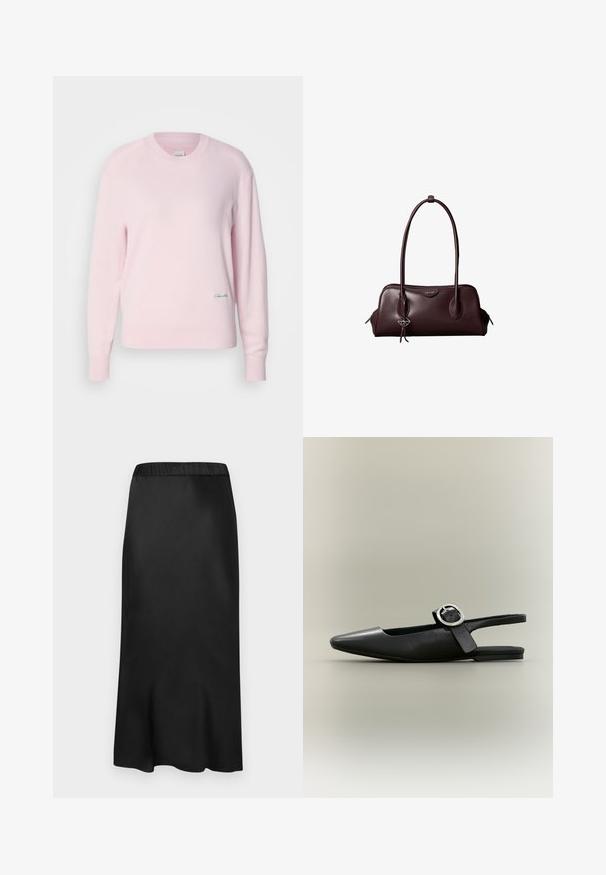 Lyserød sweater lavet af blødt strikstof. Har en rund hals og lange ærmer, med et lille grønt logo nederst til venstre.; Sort satin midi-nederdel med elastisk talje. Glat tekstur og enkelt design, der taper lidt ved kanten for en flydende silhuet.; Sort spids flat slingback-sko med sølv spænde og lav hæl på en neutral baggrund.; Mørkebrun lædertaske fra Calvin Klein med lange dobbelte håndtag og en lille logohængende ved det ene håndtag.