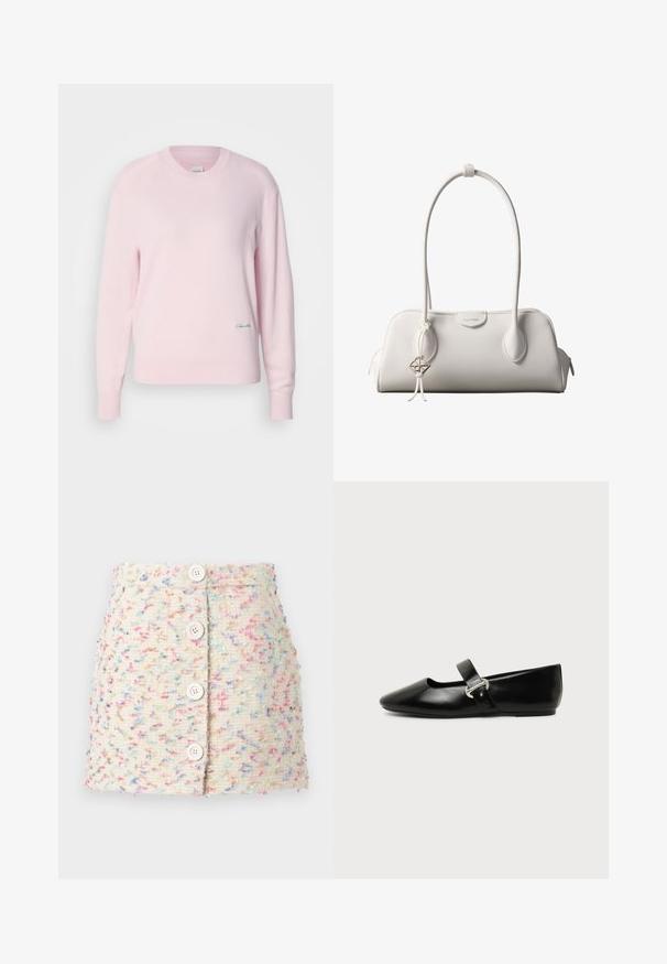 Lyserød sweater lavet af blødt strikstof. Har en rund hals og lange ærmer, med et lille grønt logo nederst til venstre.; Vævet stof miniskørt i lys creme med farverige sprøjt. Har fire store hvide knapper foran og en tekstureret overflade.; Sort læder Mary Jane-flad sko med rundet tå og sølvspænde på ensfarvet baggrund.; Hvid Calvin Klein skuldertaske med lange håndtag, rektangulær form, lynlåslukning og dekorativt logohæng tæt på håndtaget.
