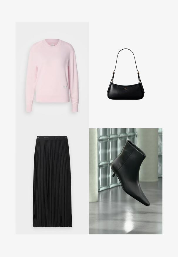 Lichtroze trui gemaakt van zacht gebreid materiaal. Heeft een ronde hals en lange mouwen, met een klein groen logo aan de onderkant aan de linkerkant.; Zwarte geplooide midi-skirt met een elastische tailleband en herhalend Calvin Klein-logo in het wit.; Zwarte leren enkellaars met spits toelopende neus en lage kittenhak, schuin weergegeven tegen een gepolijste vloer en een glazen blokken muur als achtergrond.; Zwarte leren mini schoudertas met een dun riempje en klein goudkleurig CK-logo aan de voorkant in het midden.