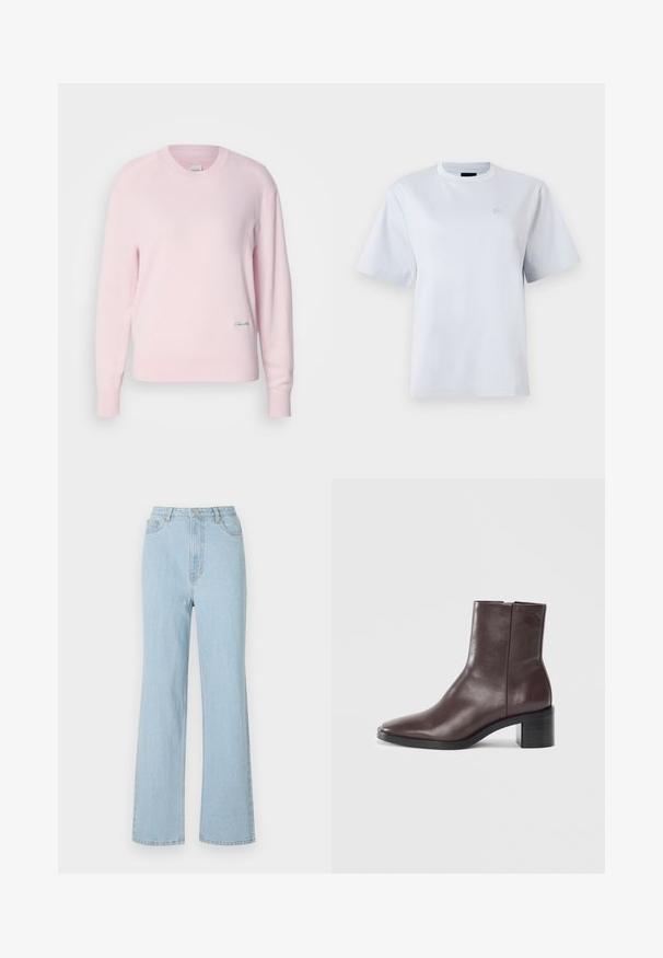Svetloružový sveter vyrobený z mäkkého pleteného materiálu. Má okrúhly výstrih a dlhé rukávy, s malým zeleným logom na dolnej ľavej strane.; Biele tričko s krátkym rukávom a okrúhlym výstrihom s malým vyšitým logom na ľavej strane hrudníka.; Svetlomodré denimové nohavice s vysokým pásom, vo voľnom strihu, so širokými nohavicami a klasickým päťvreckovým dizajnom. Obsahuje kovový gombík a zapínanie na zips.; Tmavohnedé kožené členkové topánky so štvorcovou špičkou, blokovým podpätkom a jemne embosovaným logom blízko vrchu na jednobodovom bielom pozadí.
