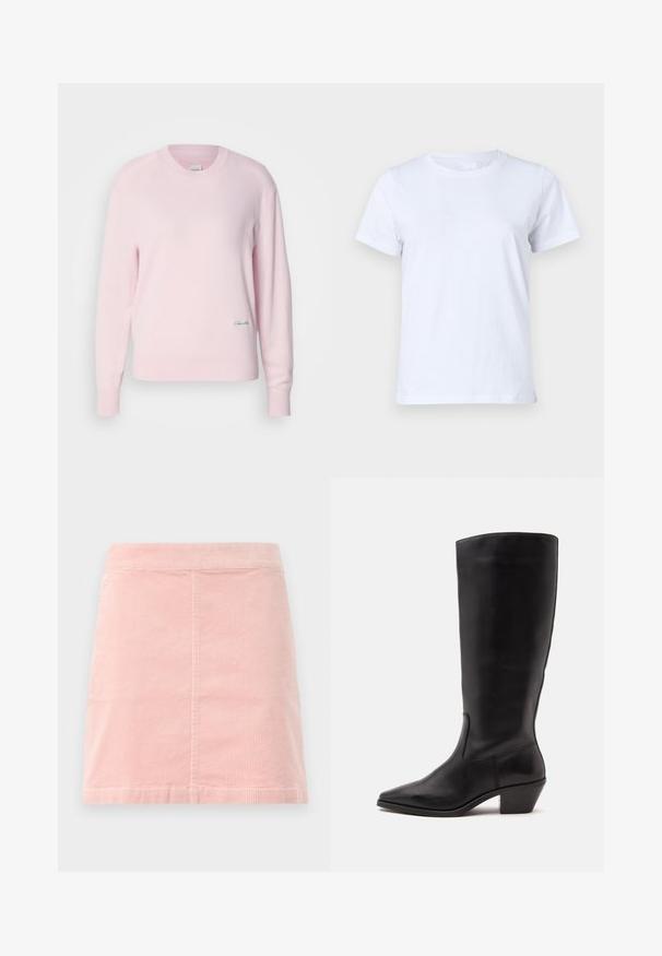 Helles rosa Sweatshirt aus weichem Strickmaterial. Mit Rundhalsausschnitt und langen Ärmeln, versehen mit einem kleinen grünen Logo auf der unteren linken Seite.; Weißes Baumwoll-T-Shirt, kurze Ärmel, klassisches Rundhalsdesign, einfarbige Textur ohne Muster oder Akzente, normale Passform, einfach und vielseitig.; Rosa Cord-Ripp-Minirock mit taillierter Passform und vertikaler Rippstruktur. Der Saum ist gerade und er hat ein schlichtes Design ohne Verzierungen.; Schwarzer Lederstiefel bis zur Wade mit spitzer Spitze und niedrigem schrägem Absatz vor einfachem hellem Hintergrund.