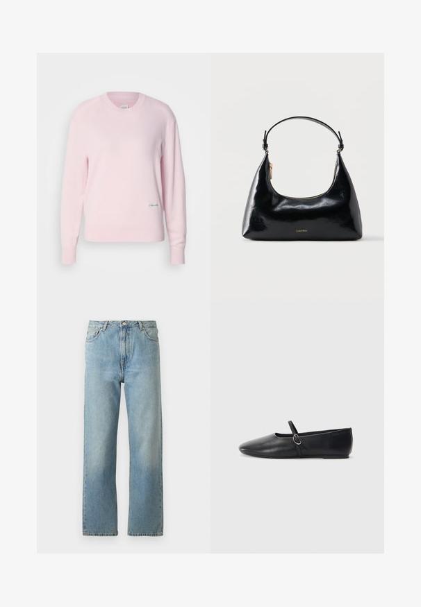 Helles rosa Sweatshirt aus weichem Strickmaterial. Mit Rundhalsausschnitt und langen Ärmeln, versehen mit einem kleinen grünen Logo auf der unteren linken Seite.; Hellblaue Denim-Jeans mit geradem Bein, ausgestattet mit einem Fünf-Taschen-Stil und einem Knopfverschluss am Bund.; Schwarze Leder-Ballettschuhe mit spitzem Schuhzeug, flacher Sohle und einem kleinen Riemen mit silberner Schnalle.; Schwarze, glänzende Calvin Klein Handtasche mit goldfarbenem Reißverschluss und kurzem Trageriemen vor schlichtem weißem Hintergrund.