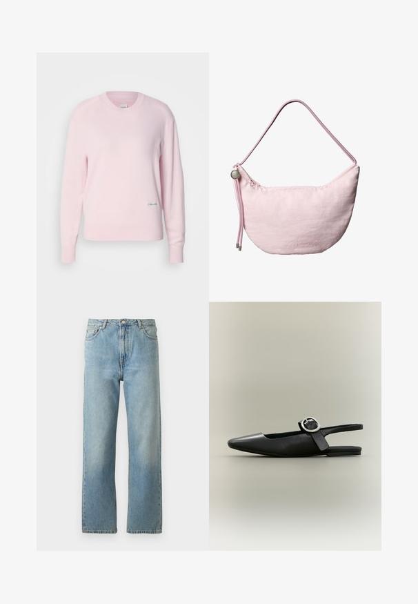 Helles rosa Sweatshirt aus weichem Strickmaterial. Mit Rundhalsausschnitt und langen Ärmeln, versehen mit einem kleinen grünen Logo auf der unteren linken Seite.; Hellblaue Denim-Jeans mit geradem Bein, ausgestattet mit einem Fünf-Taschen-Stil und einem Knopfverschluss am Bund.; Schwarzer spitzer flacher Slingback-Schuh mit silberner Schnalle und niedrigem Absatz auf neutralem Hintergrund.; Weiche, rosafarbene Schultertasche in Mondsichelform mit verstellbarem Kordelriemen, Metallstopper und dezentem, geprägtem "cK"-Logo in der Mitte vorne.