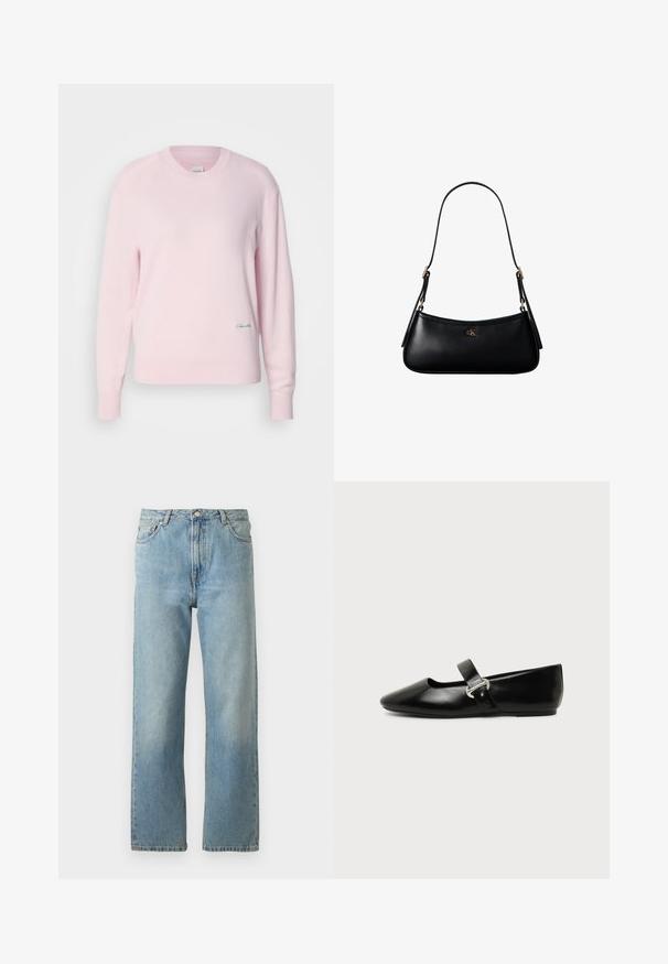 Helles rosa Sweatshirt aus weichem Strickmaterial. Mit Rundhalsausschnitt und langen Ärmeln, versehen mit einem kleinen grünen Logo auf der unteren linken Seite.; Hellblaue Denim-Jeans mit geradem Bein, ausgestattet mit einem Fünf-Taschen-Stil und einem Knopfverschluss am Bund.; Schwarzer Ledermary-Jane-Flachschuh mit abgerundetem Zehenbereich und silberner Schnalle auf einfachem Hintergrund.; Schwarze kleine Lederschultertasche mit dünnem Riemen und kleinem goldenem CK-Logo auf der Vorderseite in der Mitte.