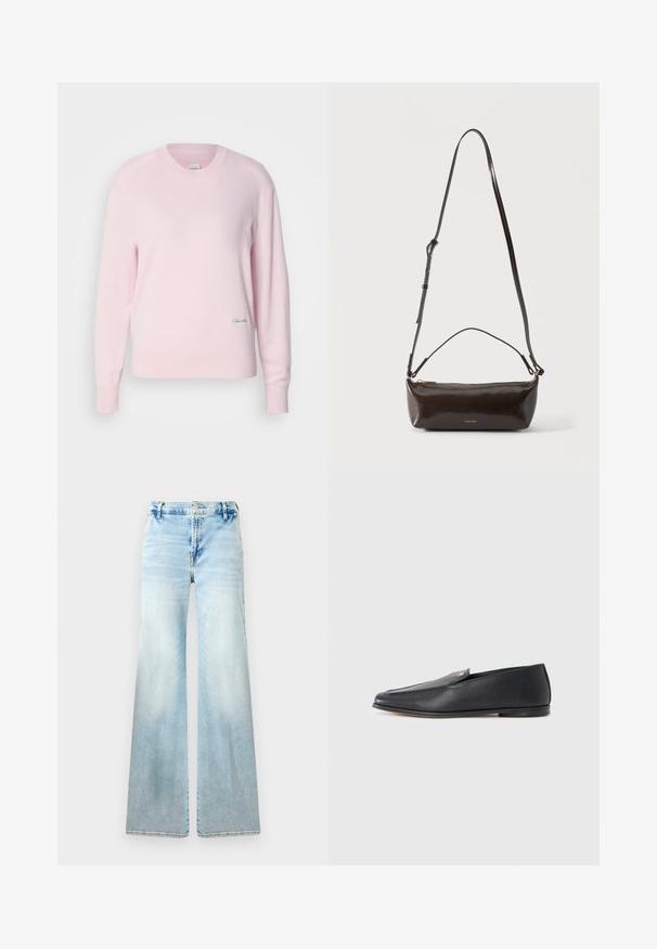Suéter rosa claro hecho de un material de punto suave. Presenta un cuello redondo y mangas largas, con un pequeño logotipo verde en la parte inferior izquierda.; Jeans acampanados de color azul claro, confeccionados en denim. Presentan un lavado desvaído, bolsillos estándar y un cierre de botón en la cintura.; Mocasines de cuero negro con textura suave, punta redondeada y detalles de costura sutiles. Presentan un acento de logo dorado en el lateral superior.; Pequeño bolso de hombro de cuero marrón oscuro brillante con correa ajustable, asa superior y cierre de cremallera dorado.
