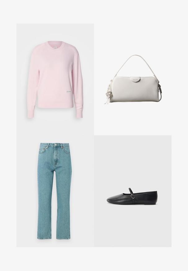Pull en rose clair en tricot doux. Il présente un col rond et des manches longues, avec un petit logo vert sur le bas à gauche.; Jeans bleu clair taille haute avec une coupe droite. Fabriqués en denim, comportent des poches frontales et une fermeture à bouton.; Ballerines noires en cuir avec un bout pointu, une semelle plate et une petite sangle avec un détail de boucle en argent.; Sac à main rectangulaire blanc Calvin Klein avec une seule poignée, design minimaliste et pampilles décoratives avec un charm métallique géométrique sur le côté.