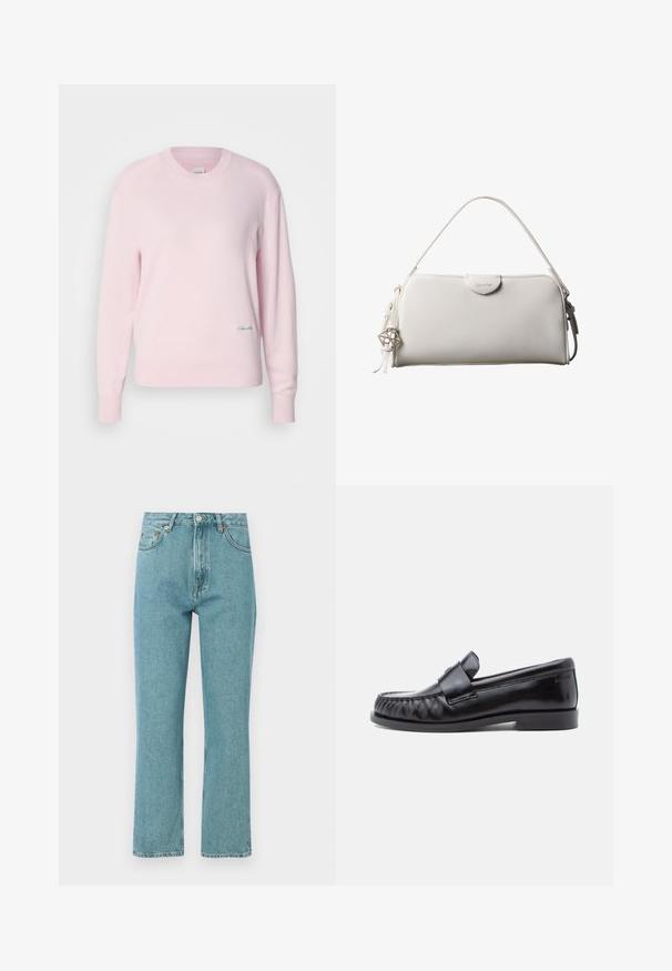 Lichtroze trui gemaakt van zacht gebreid materiaal. Heeft een ronde hals en lange mouwen, met een klein groen logo aan de onderkant aan de linkerkant.; Lichtblauwe, high-waisted jeans met een rechte pijpdesign. Gemaakt van denim, met voorzakken en een knoopsluiting.; Zwarte leren loafers met een afgeronde neus, kenmerkende stiksels en een decoratieve band over de wreef. Gladde afwerking en lage hak.; Witte rechthoekige Calvin Klein handtas met enkele handgreep, minimalistisch ontwerp en decoratieve kwastjes met geometrische metalen hanger aan de zijkant.