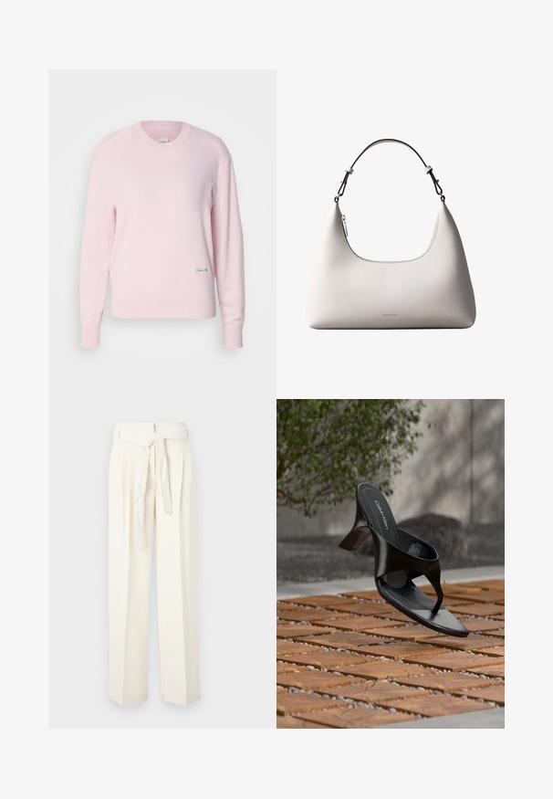 Lyserød sweater lavet af blødt strikstof. Har en rund hals og lange ærmer, med et lille grønt logo nederst til venstre.; Kremfarvede vidde bukser med bæltestrop. Fremstillet af blødt stof, med folder og en glat overflade uden mønstre.; Sort Calvin Klein hæl-sandal med åben tå, der svæver over en udendørs flisebelagt overflade med grønne planter og en betonvæg i baggrunden.; Cremefarvet skuldertaske i læder fra Calvin Klein med buet topkant, sølvfarvet lynlås og mørkebrun justerbar rem.