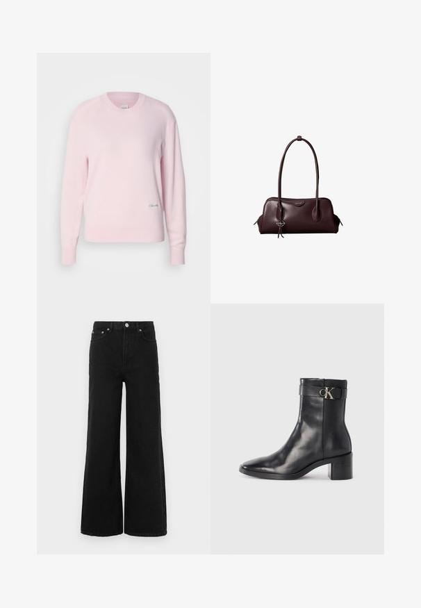Pull en rose clair en tricot doux. Il présente un col rond et des manches longues, avec un petit logo vert sur le bas à gauche.; Jean noir à jambes larges en denim ; doté d'une taille haute, de poches avant et d'une fermeture par bouton. Aucun motif ni ornement visible.; Botte de cheville en cuir noir avec un bout pointu, un talon carré et une sangle avec un détail de logo métallique. Texture lisse et design minimaliste.; Sac à main en cuir brun foncé Calvin Klein avec de longues poignées doubles et un petit porte-clé logo suspendu à une poignée.