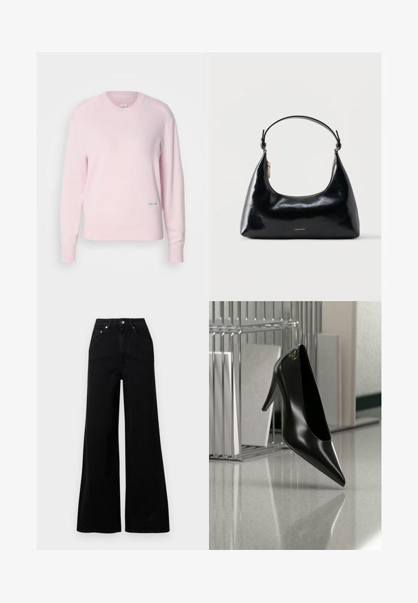 Helles rosa Sweatshirt aus weichem Strickmaterial. Mit Rundhalsausschnitt und langen Ärmeln, versehen mit einem kleinen grünen Logo auf der unteren linken Seite.; Schwarze Jeans mit weitem Bein, gefertigt aus Denim, mit hoher Taille, fünf Taschen, vorderer Knopfverschluss und minimalen Nahtdetails.; Schwarzer High-Heel-Schuh mit spitzer Zehe und goldem Logo, auf einer reflektierenden Oberfläche nahe einem verchromten Draht-Organizer mit Dokumenten positioniert.; Schwarze, glänzende Calvin Klein Handtasche mit goldfarbenem Reißverschluss und kurzem Trageriemen vor schlichtem weißem Hintergrund.