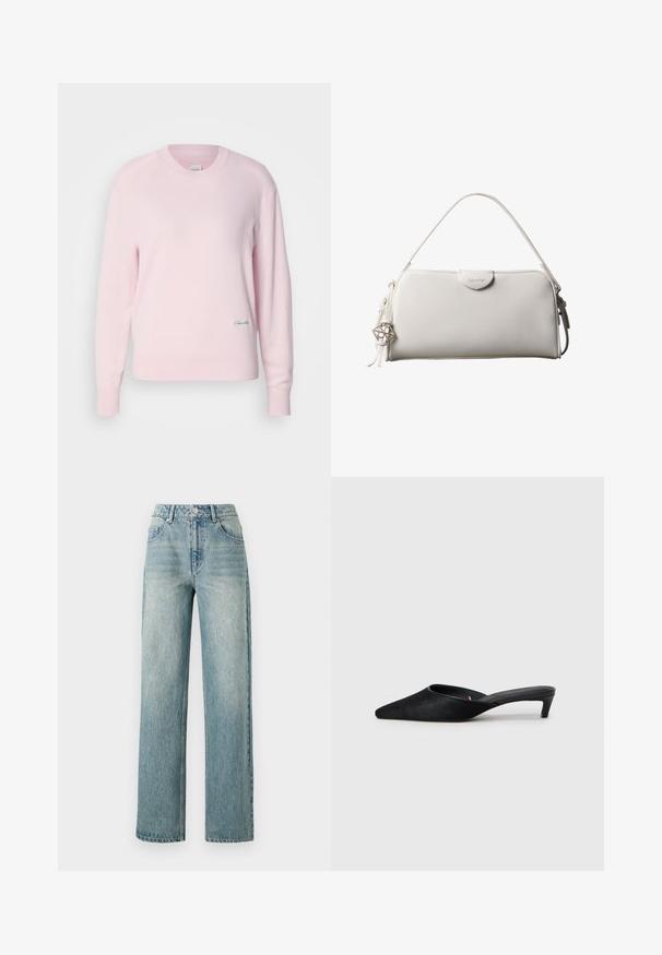Lyserød sweater lavet af blødt strikstof. Har en rund hals og lange ærmer, med et lille grønt logo nederst til venstre.; Copenhagen Muse JEANNE PANTS - Jeans Relaxed Fit - medium dirty washed denim; Sorte suedeslippers med spids tå og lav hæl. Har en glat tekstur og åben ryg for nem påklædning. Simpelt design uden mønstre.; Hvid rektangulær Calvin Klein håndtaske med enkelt håndtag, minimalistisk design og dekorative kvaster med geometrisk metalvedhæng på siden.