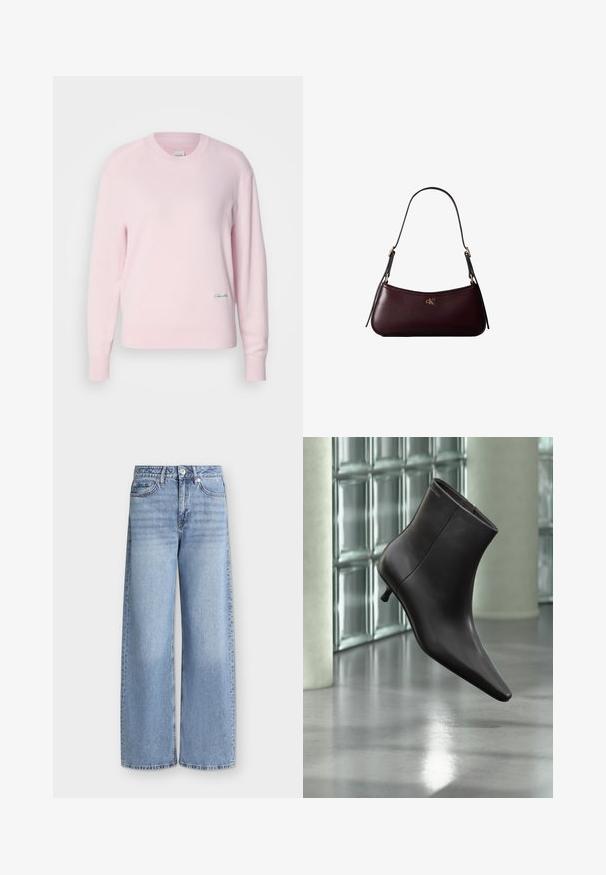 Lyserød sweater lavet af blødt strikstof. Har en rund hals og lange ærmer, med et lille grønt logo nederst til venstre.; Lyseblå vidde jeans med forlommer, bæltestropper, knaplukning og falmede detaljer på lårene.; Sort læderankelstøvle med spids tå og lille hæl vist mod en væg af glasblokke og poleret gulv baggrund.; Mørk bordeaux læderhåndtaske med en tynd sort skulderrem og lille gyldent "cK" logo foran i midten.