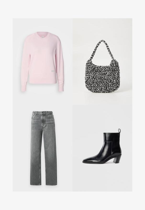 Lyserød sweater lavet af blødt strikstof. Har en rund hals og lange ærmer, med et lille grønt logo nederst til venstre.; Grå brede jeans lavet af denim, med høj talje, fem lommer og sømdetaljer. Stof har et falmet, tekstureret udseende.; Sort læder ankelstøvle med spids tå, geometrisk stablet hæl og en løftestrop bagpå. Glat tekstur og slankt design.; Vævet håndtaske i sort og hvid med en rund form, tekstureret overflade og et fletet håndtag. Velegnet til afslappet brug.