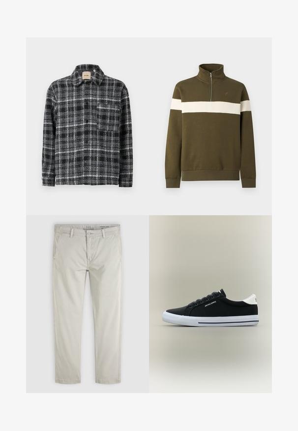 Sweat-shirt vert olive à fermeture zippée partielle avec une bande horizontale blanche sur la poitrine et un petit logo sur le côté gauche.; Chemise à carreaux noire, blanche et grise avec col, manches longues et boutonnière à l'avant. Elle dispose d'une poche poitrine pour un détail supplémentaire.; Chinos beige clair à jambe droite avec poches avant, passants pour ceinture, fermeture bouton et coupe standard fuselée, présentés à plat sur fond blanc.; Baskets basses noires avec semelle blanche, languette de talon blanche, logo "JACK & JONES" sur le côté et lacets noirs sur un fond neutre.