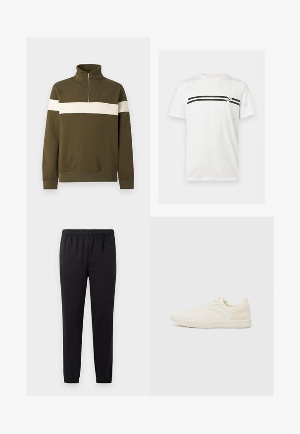 Olijfgroene kwart-ritssluiting trui met een witte horizontale streep over de borst en een klein logo aan de linkerkant.; Wit T-shirt met korte mouwen met twee horizontale zwarte strepen over de borst en een klein letter "P" logo aan de rechterkant.; Zwarte joggingbroek met elastische tailleband, taps toelopende benen en textuurstof. Voorzien van een subtiele logo detail aan de linkerkant.; ALDO THEPITCH - Sneakers laag - white