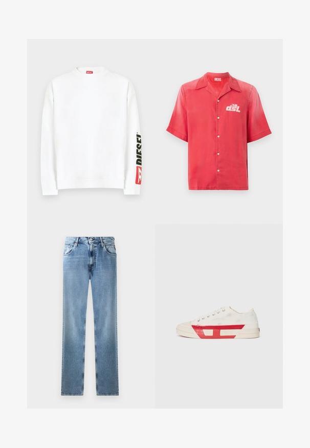 Weißes Sweatshirt mit Rundhalsausschnitt und einem roten und schwarzen "DIESEL"-Logo auf dem linken Ärmel. Hergestellt aus weichem, glattem Stoff.; Kurzärmliges rotes Hemd mit Knöpfen aus glattem Stoff. Verfügt über einen Kragen und ein weißes Logo auf der linken Brust. Einfaches Design, ohne Muster.; Helle blaue Denim-Jeans mit geradem Bein, Taschen, Kupferriegeln und Knopfverschluss. Sie zeichnen sich durch ein verblasstes Design und einen sauberen Saum aus.; Leinensneaker mit weißem Obermaterial, roten Gummidetails und einem strukturierten Design. Verfügt über eine runde Zehenpartie und fünf Ösen für die Schnürsenkel.