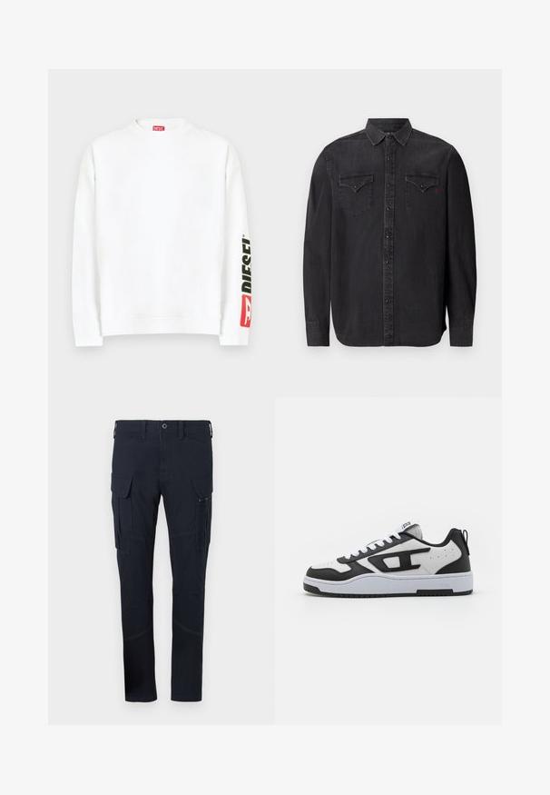 Hvid sweatshirt med rund halsudskæring, med en rød og sort "DIESEL"-logo på venstre ærme. Fremstillet af blødt, glat stof.; Langærmet sort denimskjorte med klassisk krave, trykknaplukninger, to brystlommer og en subtil rød logo-detail.; Cargo bukser i mørk navy stof med flere lommer, herunder sidelommer, og synlige syninger. Slim-fit design.; Hvide og sorte sneakers med en tekstureret læderoverdel, polstret krave, rund tå og kontrasterende gummisål. Inkluderer hvide snørebånd og logo-detalje.