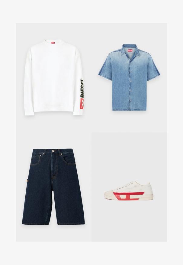 Sweat-shirt blanc à col rond, avec un logo "DIESEL" rouge et noir sur la manche gauche. Confectionné en tissu doux et lisse.; Chemise en jean à manches courtes bleu clair avec bords effilochés, boutons sur le devant et col pointu. Présente une étiquette de marque rouge au niveau du cou.; Shorts en denim foncé avec une coupe ample, design à cinq poches et coutures orange contrastantes. Présente une fermeture classique à bouton et à glissière.; Baskets en toile avec un dessus blanc, des accents en caoutchouc rouge et un design texturé. Elles présentent une tête arrondie et cinq œillets pour les lacets.