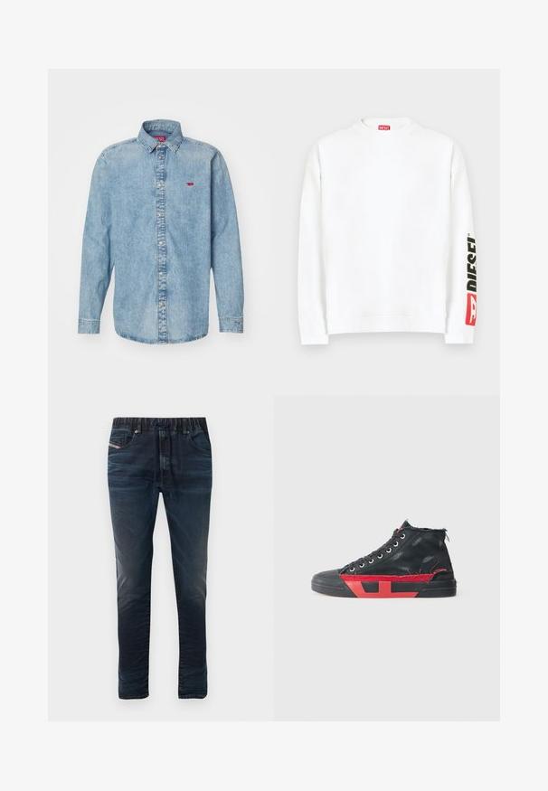 Sweat-shirt blanc à col rond, avec un logo "DIESEL" rouge et noir sur la manche gauche. Confectionné en tissu doux et lisse.; Chemise en denim bleu clair avec des manches longues, un col pointu et une fermeture à boutons. Présente un petit logo rouge sur le côté gauche de la poitrine.; Jean en denim bleu foncé avec une taille élastique, une fermeture à cordon de serrage et cinq poches. Texture lisse avec un léger effet délavé.; Baskets montantes noires avec des accents rouges et une finition usée. Caractérisées par une tige en toile texturée et une semelle en caoutchouc avec un design découpé.