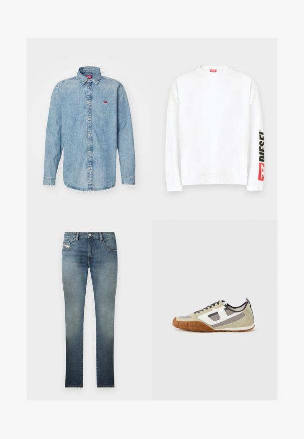 Sweat-shirt blanc à col rond, avec un logo "DIESEL" rouge et noir sur la manche gauche. Confectionné en tissu doux et lisse.; Chemise en denim bleu clair avec des manches longues, un col pointu et une fermeture à boutons. Présente un petit logo rouge sur le côté gauche de la poitrine.; Jean slim en délavé bleu, avec une conception à cinq poches, fermeture à bouton en métal et coutures contrastées. Texture légèrement usée.; Baskets athlétiques avec une tige beige, des accents gris et blancs, un suède texturé et une semelle en caoutchouc à motif. Lacets marron et languette de traction inclus.