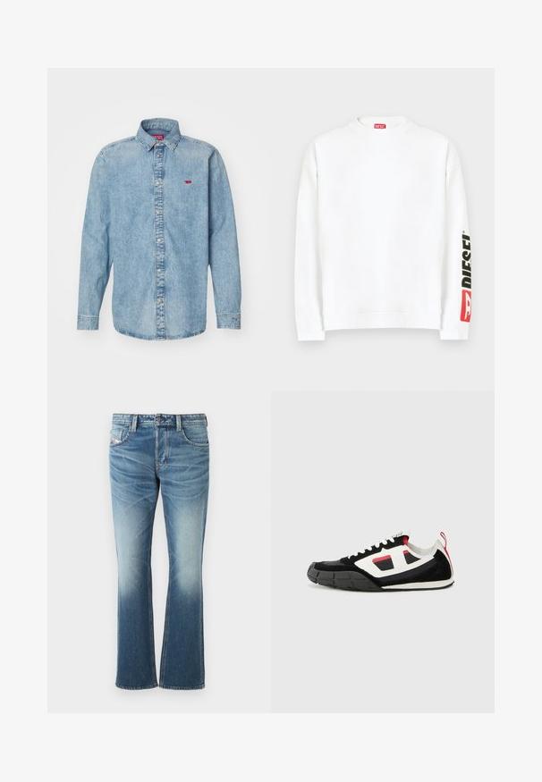 Sweat-shirt blanc à col rond, avec un logo "DIESEL" rouge et noir sur la manche gauche. Confectionné en tissu doux et lisse.; Chemise en denim bleu clair avec des manches longues, un col pointu et une fermeture à boutons. Présente un petit logo rouge sur le côté gauche de la poitrine.; Jean en denim bleu avec un design évasé, présentant un lavage délavé, cinq poches et des coutures contrastantes. Fermeture par bouton à la taille.; Diesel S PAGODHA LOW - Baskets basses - black