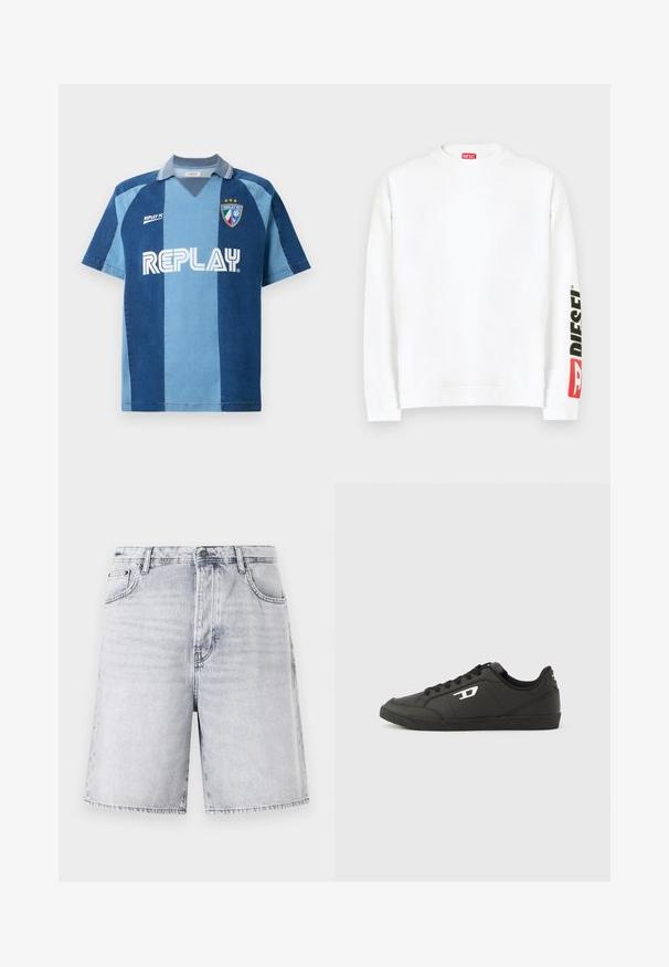 Hvid sweatshirt med rund halsudskæring, med en rød og sort "DIESEL"-logo på venstre ærme. Fremstillet af blødt, glat stof.; Denim-inspireret jersey med korte ærmer, der har et mørkeblåt og lyseblåt stribet design, V-hals, og "REPLAY" logoet præsenteret tydeligt.; Lys grå denimshorts med en let falmet finish. Har fem lommer, bæltestropper og en lynlås med knaplukning.; Sorte syntetiske sneakers med en struktureret sort sål, rund tå og flade sorte snørebånd. Fremtrædende hvidt logo på ydersiden.