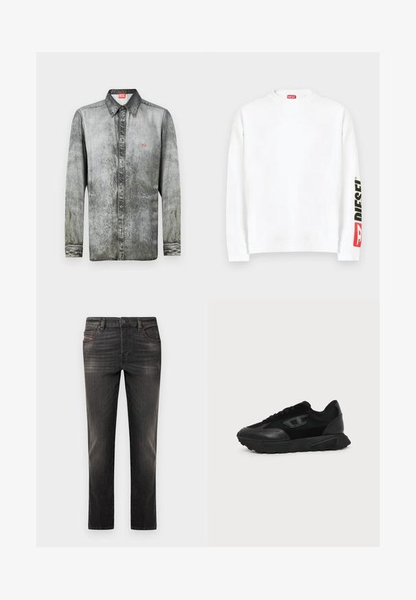 Sweat-shirt blanc à col rond, avec un logo "DIESEL" rouge et noir sur la manche gauche. Confectionné en tissu doux et lisse.; Chemise à manches longues en denim gris délavé avec un col boutonné, comportant un petit logo rouge sur la poitrine et un tissu texturé.; Jean en denim noir avec un effet délavé, coupe droite, style à cinq poches et fermeture par boutons. Présente des coutures discrètes et des accents métalliques.; Baskets basses noires avec semelle texturée, dessus en mesh et cuir, fermeture à lacets devant, et petit logo embossé sur le panneau latéral.