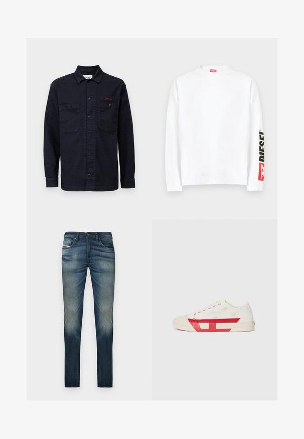 Hvid sweatshirt med rund halsudskæring, med en rød og sort "DIESEL"-logo på venstre ærme. Fremstillet af blødt, glat stof.; Mørkeblå denimskjorte med lange ærmer, knaplukning foran, to brystlommer og et lille rødt "REPLAY" logo på den venstre lomme.; Mørkeblå denimjeans med en lige pasform, der har et falmet design på benene, fem lommer og en knaplukning ved linningen.; Lærreds sneakers med en hvid overdel, røde gummidetaljer og et tekstureret design. Har en rund tå og fem huller til snørebånd.
