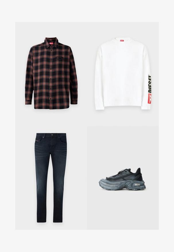 Sweat-shirt blanc à col rond, avec un logo "DIESEL" rouge et noir sur la manche gauche. Confectionné en tissu doux et lisse.; Chemise à carreaux noire et rouge avec un devant à boutons, des manches longues et une étiquette sur le col. Présente des coutures contrastées et une poche plaquée.; Jeans en denim bleu foncé avec une coupe slim, dotés de cinq poches, d'un délavage subtil et d'un bouton métallique à la taille.; Baskets Diesel noires et grises avec semelle épaisse, système de laçage à bascule et design texturé sur fond gris clair uni.