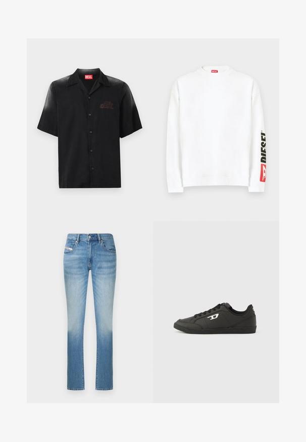 Sudadera blanca con cuello redondo, con un logo "DIESEL" en rojo y negro en la manga izquierda. Confeccionada con una tela suave y lisa.; Camisa negra de manga corta hecha de tejido suave con un cierre frontal de botones, que presenta un sutil logo en relieve en el lado izquierdo del pecho.; Vaqueros de mezclilla azul claro con un diseño ajustado, con una pierna recta y un sutil efecto de desgaste hacia la parte inferior. Estilo clásico de cinco bolsillos.; Zapatillas deportivas negras sintéticas con suela negra texturizada, puntera redonda y cordones planos negros. Destaca un logo blanco en el lateral exterior.