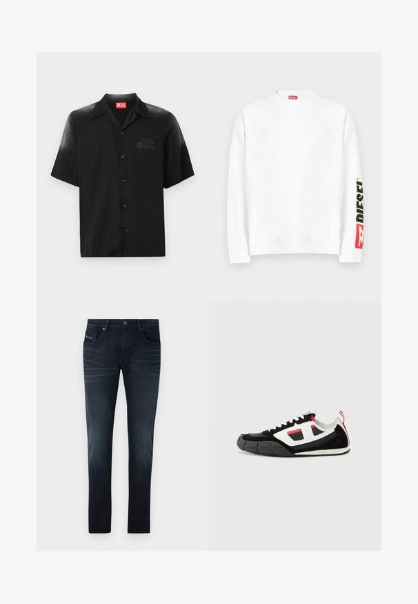 Sudadera blanca con cuello redondo, con un logo "DIESEL" en rojo y negro en la manga izquierda. Confeccionada con una tela suave y lisa.; Camisa negra de manga corta hecha de tejido suave con un cierre frontal de botones, que presenta un sutil logo en relieve en el lado izquierdo del pecho.; Jeans de mezclilla azul oscuro con corte ajustado, que presentan cinco bolsillos, un ligero desgaste y un cierre de botón metálico en la cinturilla.; Diesel S PAGODHA LOW - Zapatillas - black