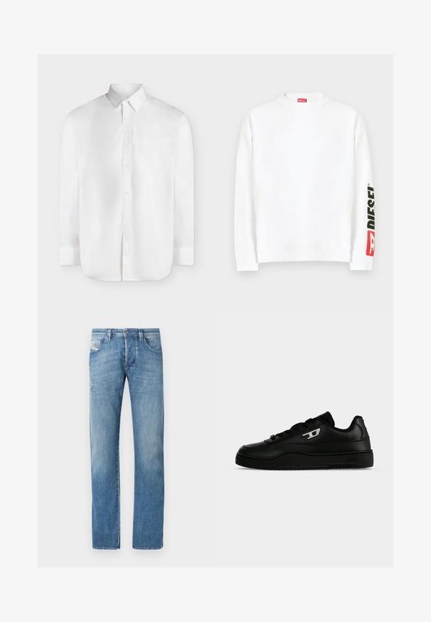 Sweat-shirt blanc à col rond, avec un logo "DIESEL" rouge et noir sur la manche gauche. Confectionné en tissu doux et lisse.; Chemise blanche à manches longues, boutonnée, avec col et petit logo embossé sur la poitrine gauche.; Jean en denim bleu clair à jambe droite, doté d'une braguette à boutons, de cinq poches et de détails de couture discrets sur les poches arrière.; Baskets basses noires avec semelle épaisse, lacets sur le devant et petit logo blanc "D" sur le côté, présentées sur un fond blanc uni.