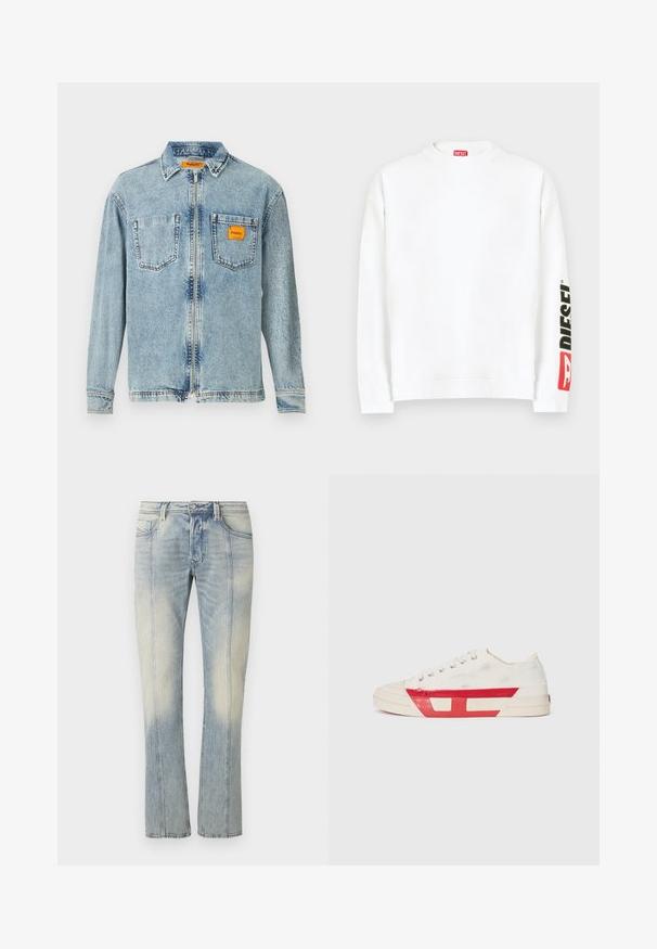 Witte sweat met ronde hals, met een rood-zwart "DIESEL" logo op de linker mouw. Gemaakt van zachte, gladde stof.; Lichtblauwe denim jas met een volledige rits aan de voorkant, twee borstzakken en een klein oranje Replay Inc. label op de rechterzak en de kraag.; Lichtblauwe denim jeans met een rechte pijp, voorzien van dubbele stiksels, voorzakken en een verweerde afwerking. Geen zichtbare merkaanduiding.; Canvas sneaker met een witte bovenkant, rode rubberen accenten en een gestructureerd ontwerp. Heeft een ronde neus en vijf oogjes voor de veters.
