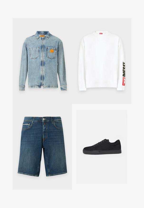 Valge pusa ümara kaelusega, vasakul varrukal on punase ja musta värvusega "DIESEL" logo. Valmistatud pehmest, siledast kangast.; Helefrontse lukuga helesinine denim jakker, kahe rindkere taskuga ja väikese oranži Replay Inc. etiketi avaga paremas taskus ja kraes.; Denim lühikesed püksid külgpaneeli nööbi ja tõmbluku ning kahe esiosa taskuga, vööaugu silmadega, keskmise sinise pesu ja kerge pleekimisega.; Must madalate tossudega toss, eesnöörimine ja lame kummitald, näidatud küljelt valgel taustal.