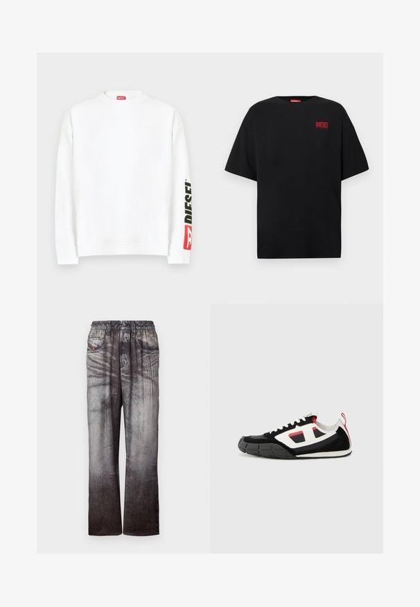 Hvid sweatshirt med rund halsudskæring, med en rød og sort "DIESEL"-logo på venstre ærme. Fremstillet af blødt, glat stof.; Sort T-shirt lavet af bomuld, med korte ærmer, rund halsudskæring og en rød "DIESEL"-logo på venstre brystområde.; Denimbukser med en falmet blå til grå gradient, elastisk talje og forlommer. Har en struktureret overflade med subtil syning.; Diesel S PAGODHA LOW - Sneakers - black