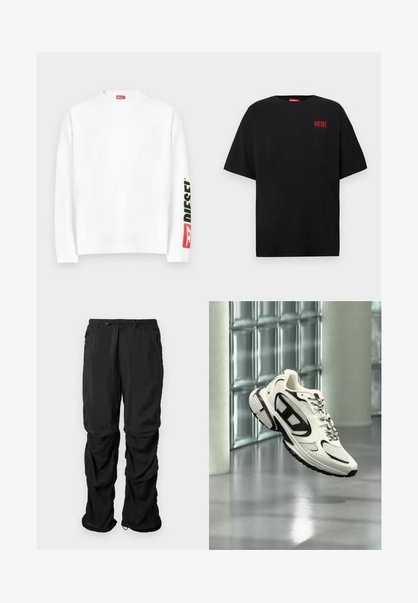 Sudadera blanca con cuello redondo, con un logo "DIESEL" en rojo y negro en la manga izquierda. Confeccionada con una tela suave y lisa.; Camiseta negra de algodón, con mangas cortas, cuello redondo y un logo rojo de "DIESEL" en la zona izquierda del pecho.; Pantalones de utilidad negros de tejido ligero, con cintura elástica, cordones ajustables y bolsillos laterales, presentan un corte relajado.; Zapatilla deportiva blanca y negra con detalles de malla y cordones con estampado suspendida en el aire en un espacio interior moderno con bloques de vidrio.