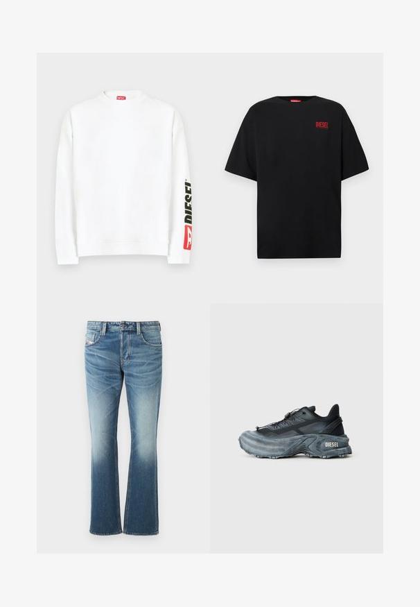 Sweat-shirt blanc à col rond, avec un logo "DIESEL" rouge et noir sur la manche gauche. Confectionné en tissu doux et lisse.; T-shirt noir en coton, avec des manches courtes, un col rond, et un logo rouge "DIESEL" sur le côté gauche de la poitrine.; Jean en denim bleu avec un design évasé, présentant un lavage délavé, cinq poches et des coutures contrastantes. Fermeture par bouton à la taille.; Baskets Diesel noires et grises avec semelle épaisse, système de laçage à bascule et design texturé sur fond gris clair uni.